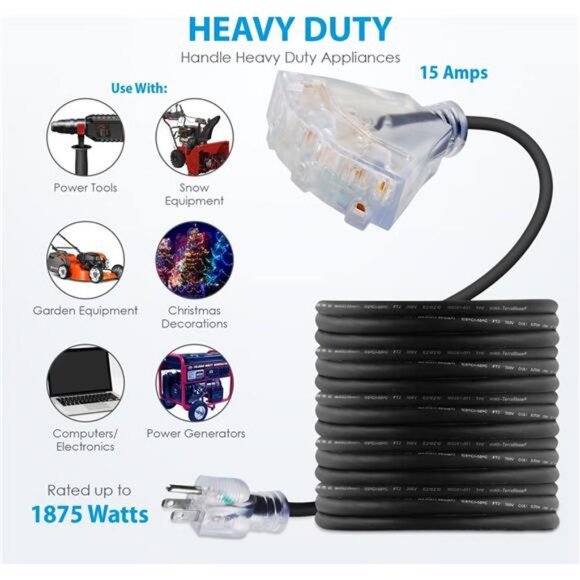 100 FT 14/3 Outdoor Extension Cord - SJEOW Rubber, Triple Outlet,13 Amp - Picture 1 of 6